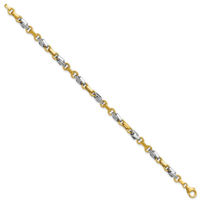 Polished Fancy Link Bracelet 7.5" - Yellow Gold with Rhodium