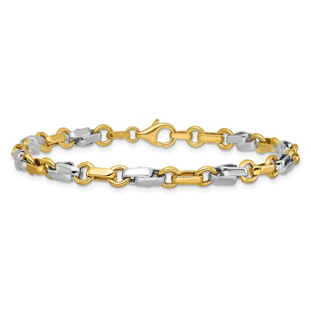 Polished Fancy Link Bracelet 7.5" - Yellow Gold with Rhodium