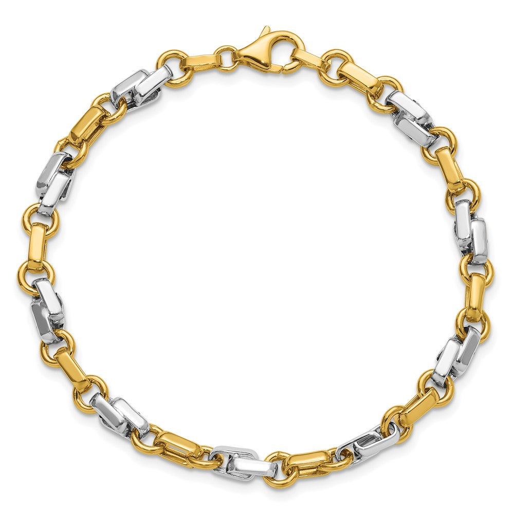 Polished Fancy Link Bracelet 7.5" - Yellow Gold with Rhodium