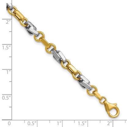 Polished Fancy Link Bracelet 7.5" - Yellow Gold with Rhodium