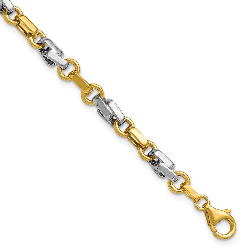 Polished Fancy Link Bracelet 7.5" - Yellow Gold with Rhodium