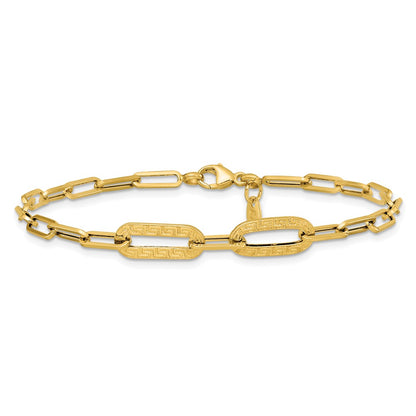 Polished Textured Greek Key Paperclip Link Bracelet 7.5"