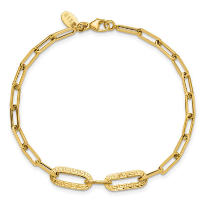 Polished Textured Greek Key Paperclip Link Bracelet 7.5"