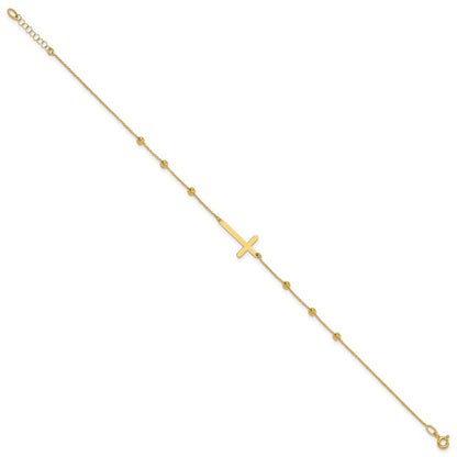 Polished/Diamond-cut Cross and Beads Plus 1in ext. Anklet