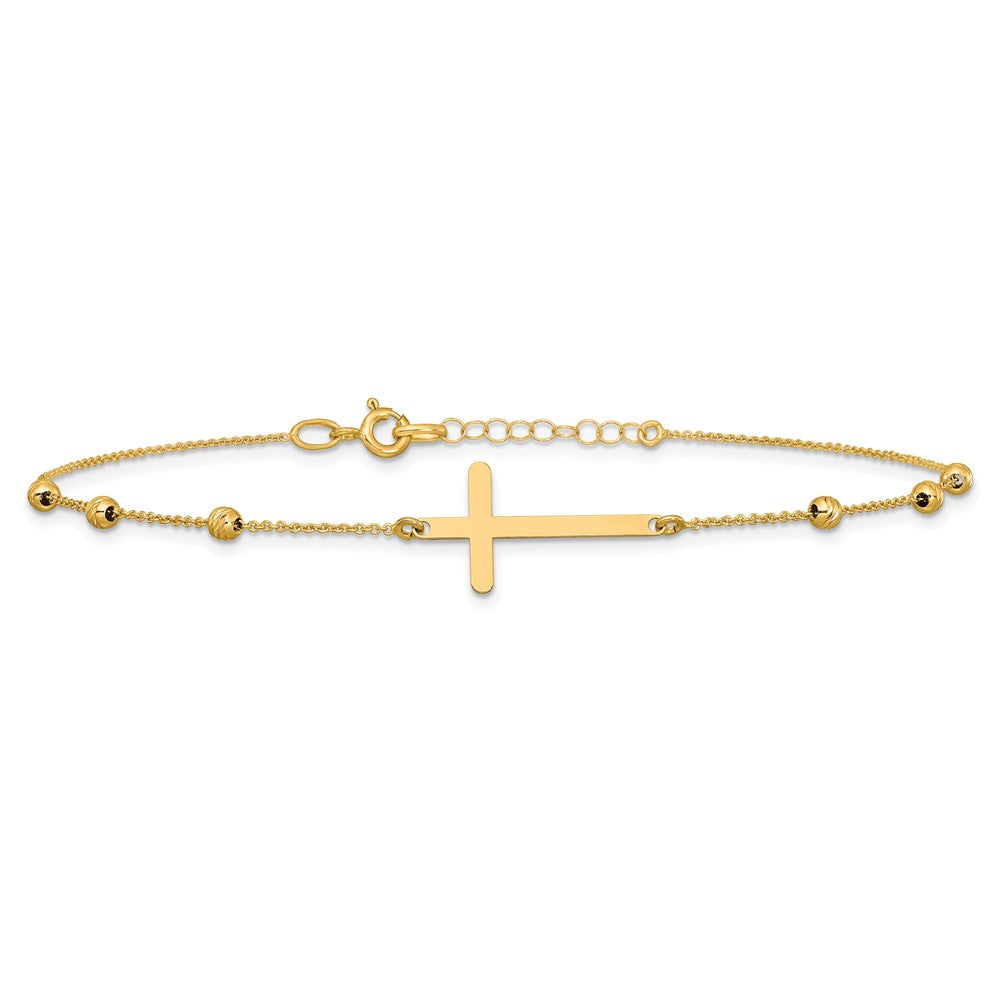 Polished/Diamond-cut Cross and Beads Plus 1in ext. Anklet