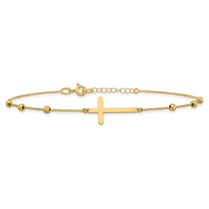 Polished/Diamond-cut Cross and Beads Plus 1in ext. Anklet