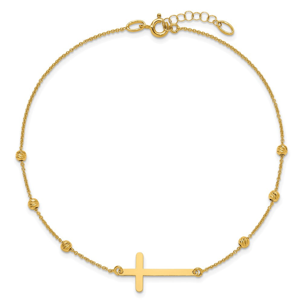 Polished/Diamond-cut Cross and Beads Plus 1in ext. Anklet