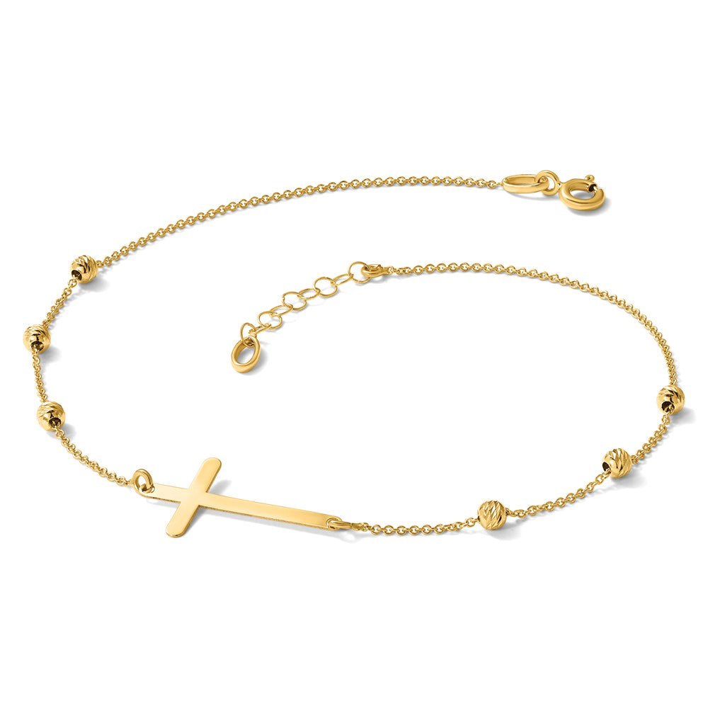 Polished/Diamond-cut Cross and Beads Plus 1in ext. Anklet