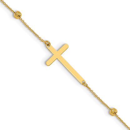 Polished/Diamond-cut Cross and Beads Plus 1in ext. Anklet
