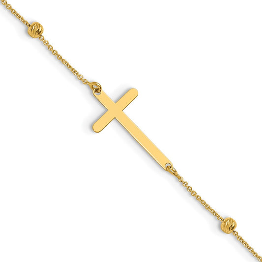 Polished/Diamond-cut Cross and Beads Plus 1in ext. Anklet