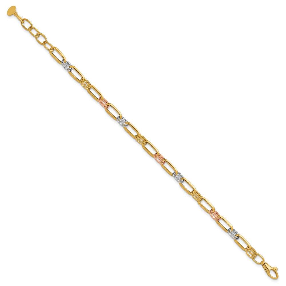 Polished / DC Fancy Link w/1in ext. Bracelet - Tri-Color Gold