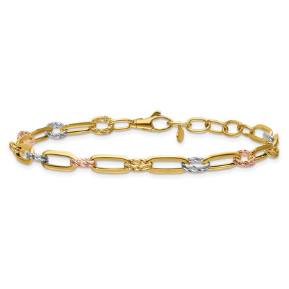 Polished / DC Fancy Link w/1in ext. Bracelet - Tri-Color Gold