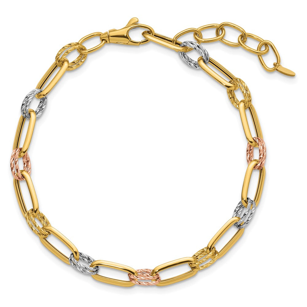 Polished / DC Fancy Link w/1in ext. Bracelet - Tri-Color Gold