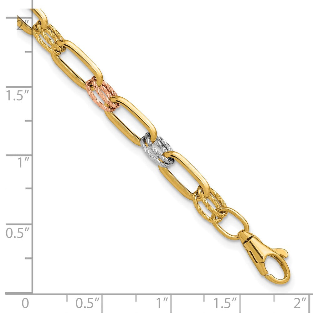 Polished / DC Fancy Link w/1in ext. Bracelet - Tri-Color Gold