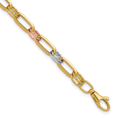 Polished / DC Fancy Link w/1in ext. Bracelet - Tri-Color Gold