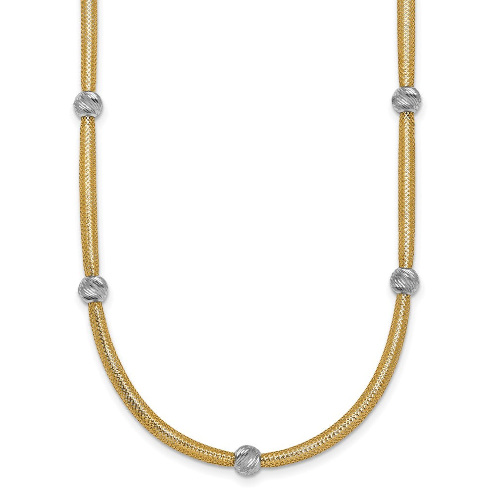 Polished w/Rhodium D/C Bead Flexible Mesh Necklace 18"