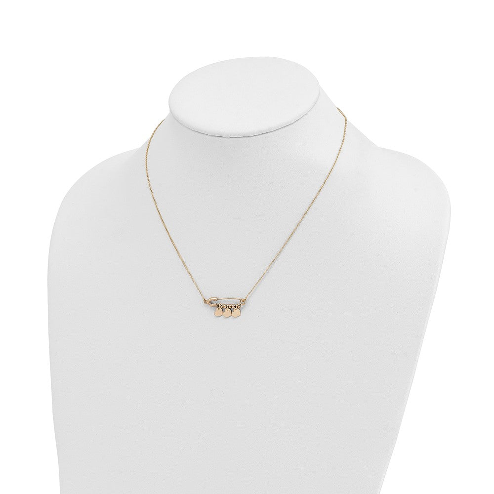 Safety Pin with Dangle Hearts Necklace 17"