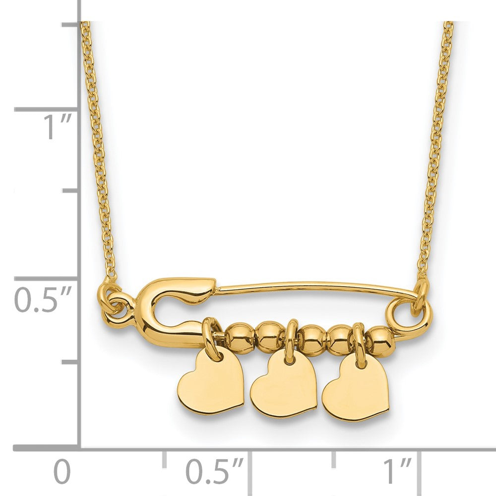 Safety Pin with Dangle Hearts Necklace 17"