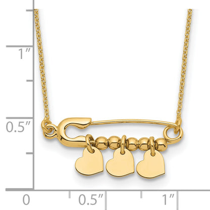 Safety Pin with Dangle Hearts Necklace 17"