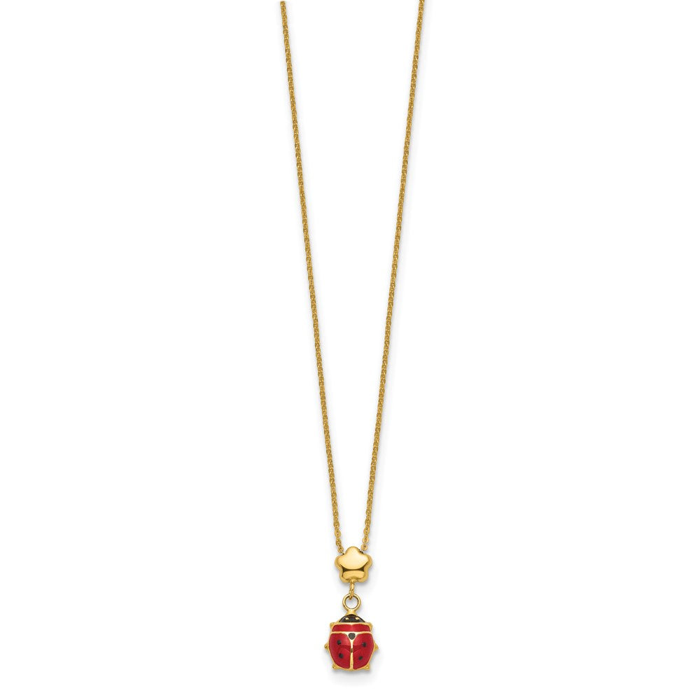Polished Enameled Flower with Ladybug Necklace 16.5"