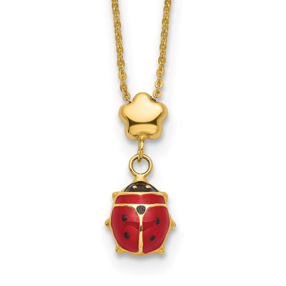 Polished Enameled Flower with Ladybug Necklace 16.5"