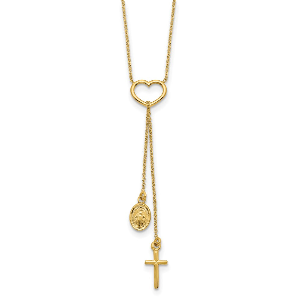 Polished Heart with Dangle Cross and Religious Medal Necklace 17"