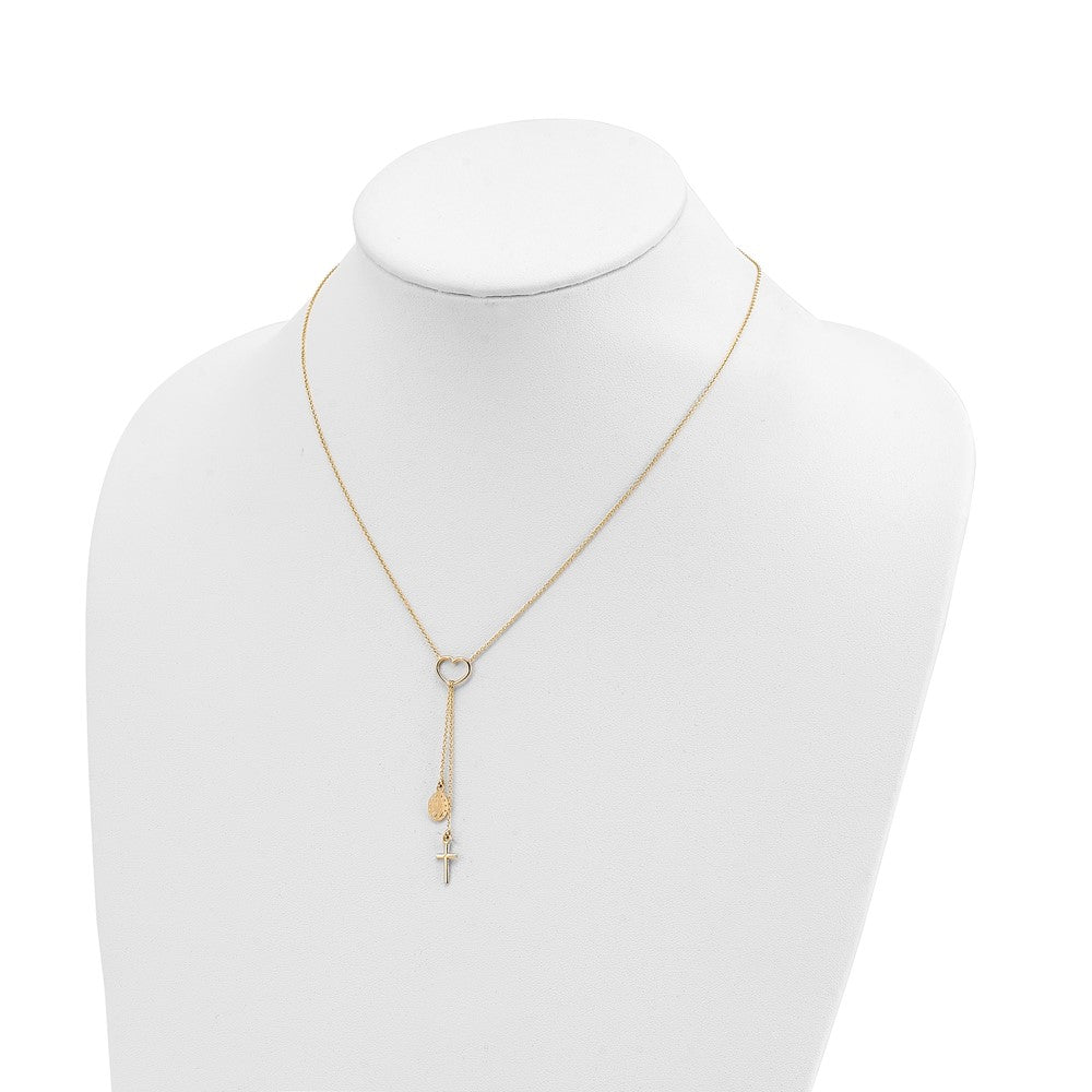 Polished Heart with Dangle Cross and Religious Medal Necklace 17"