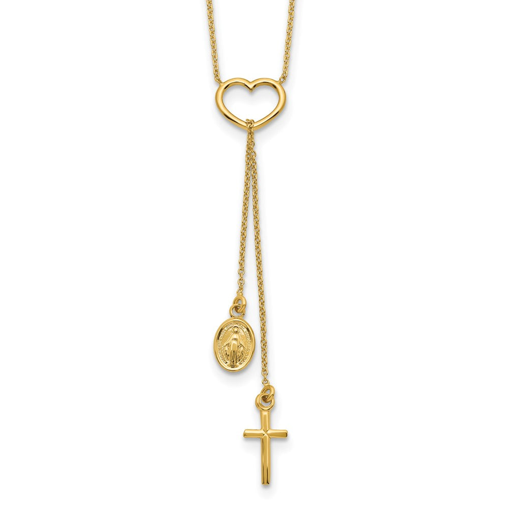 Polished Heart with Dangle Cross and Religious Medal Necklace 17"
