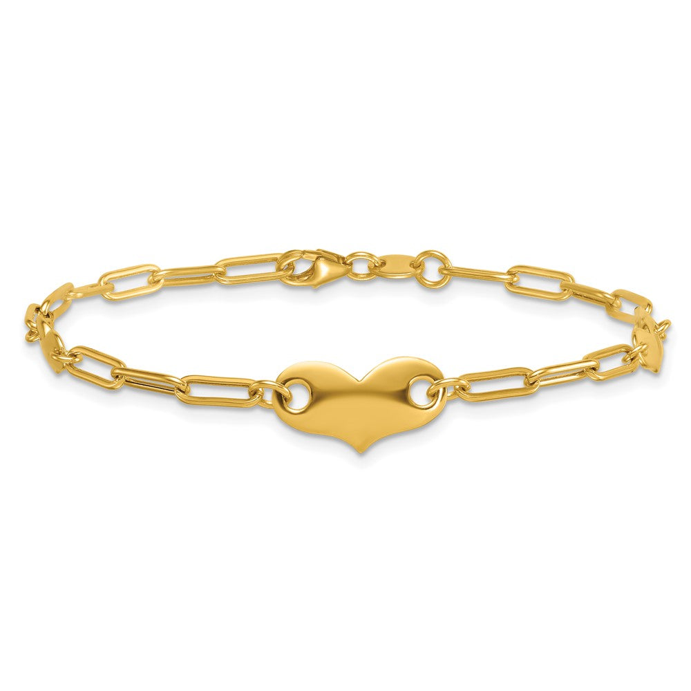 Polished Paperclip Link With Hearts Bracelet 7.5"