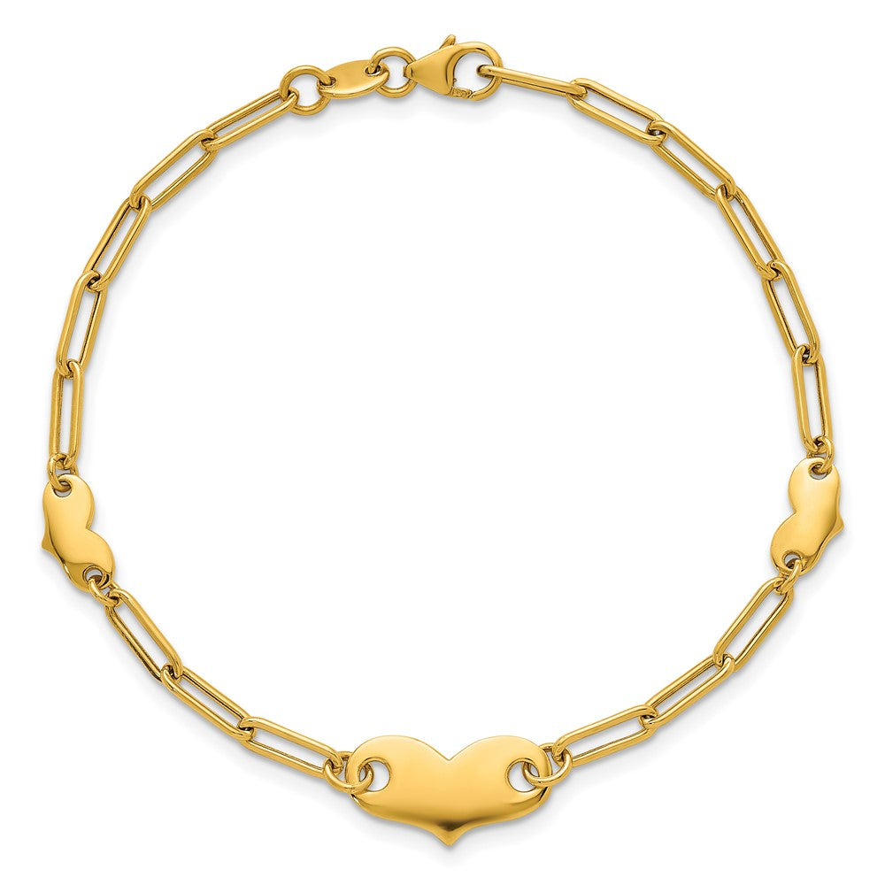 Polished Paperclip Link With Hearts Bracelet 7.5"