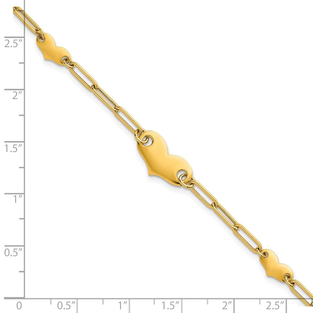 Polished Paperclip Link With Hearts Bracelet 7.5"
