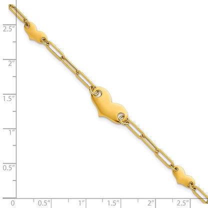 Polished Paperclip Link With Hearts Bracelet 7.5"