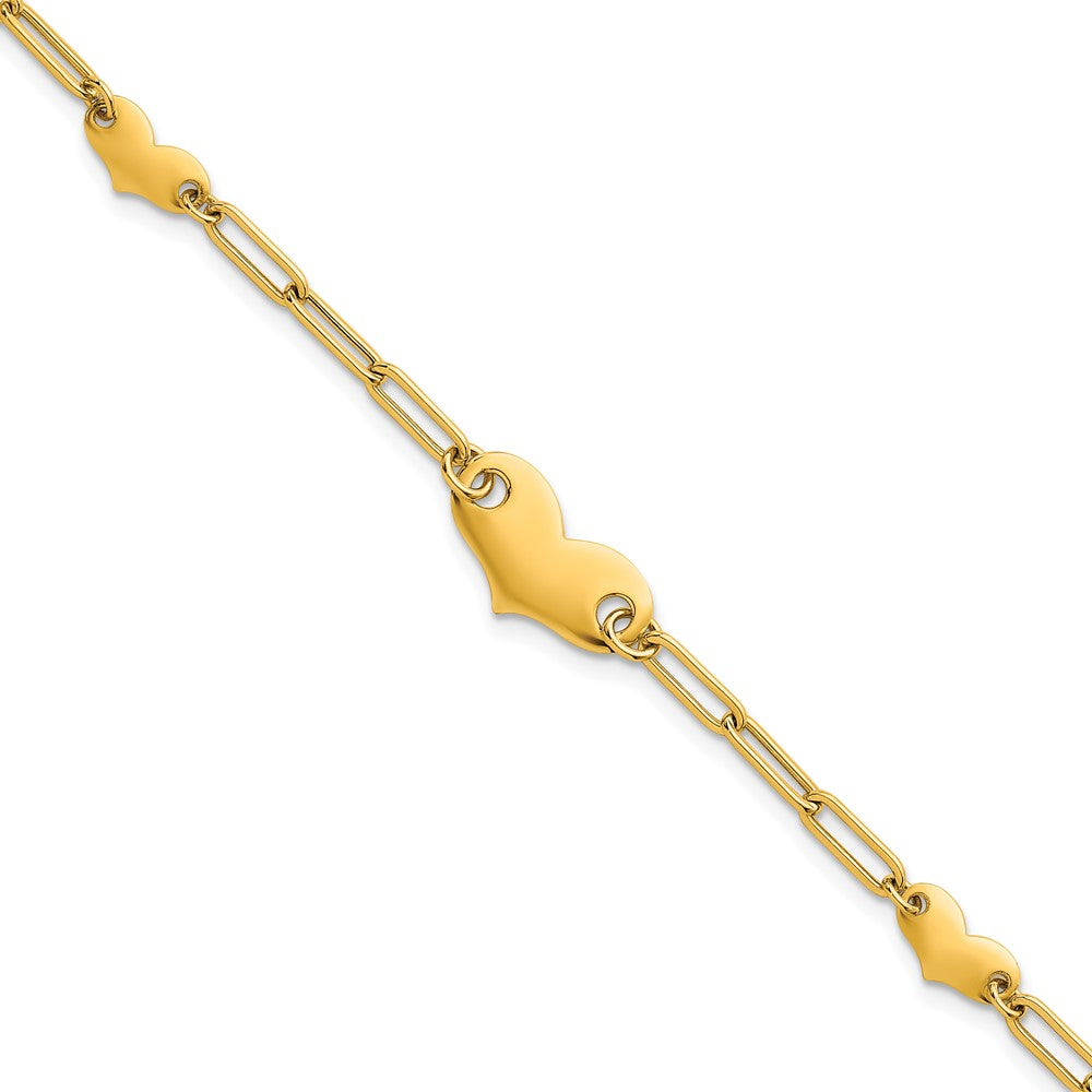 Polished Paperclip Link With Hearts Bracelet 7.5"