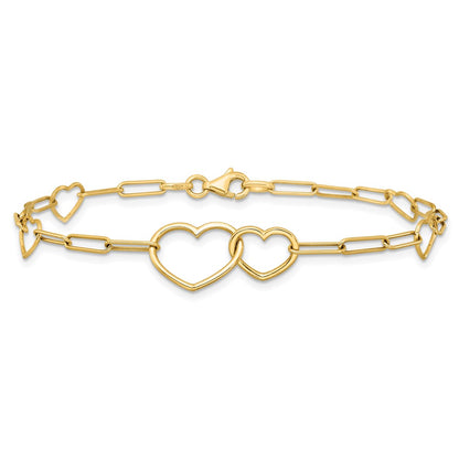 Polished Paper Clip Link Heart Shape Bracelet 7.5"