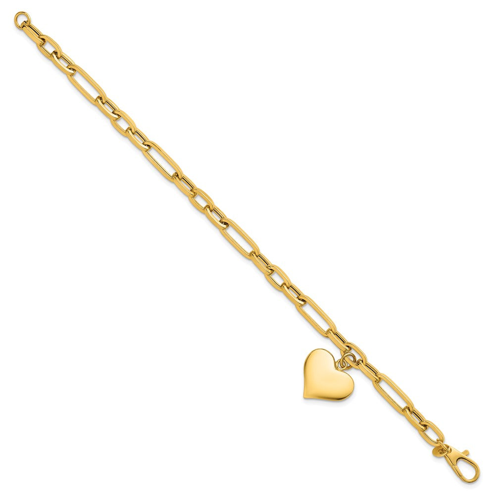 Polished Paperclip Link With Heart Dangle Bracelet 7.5"