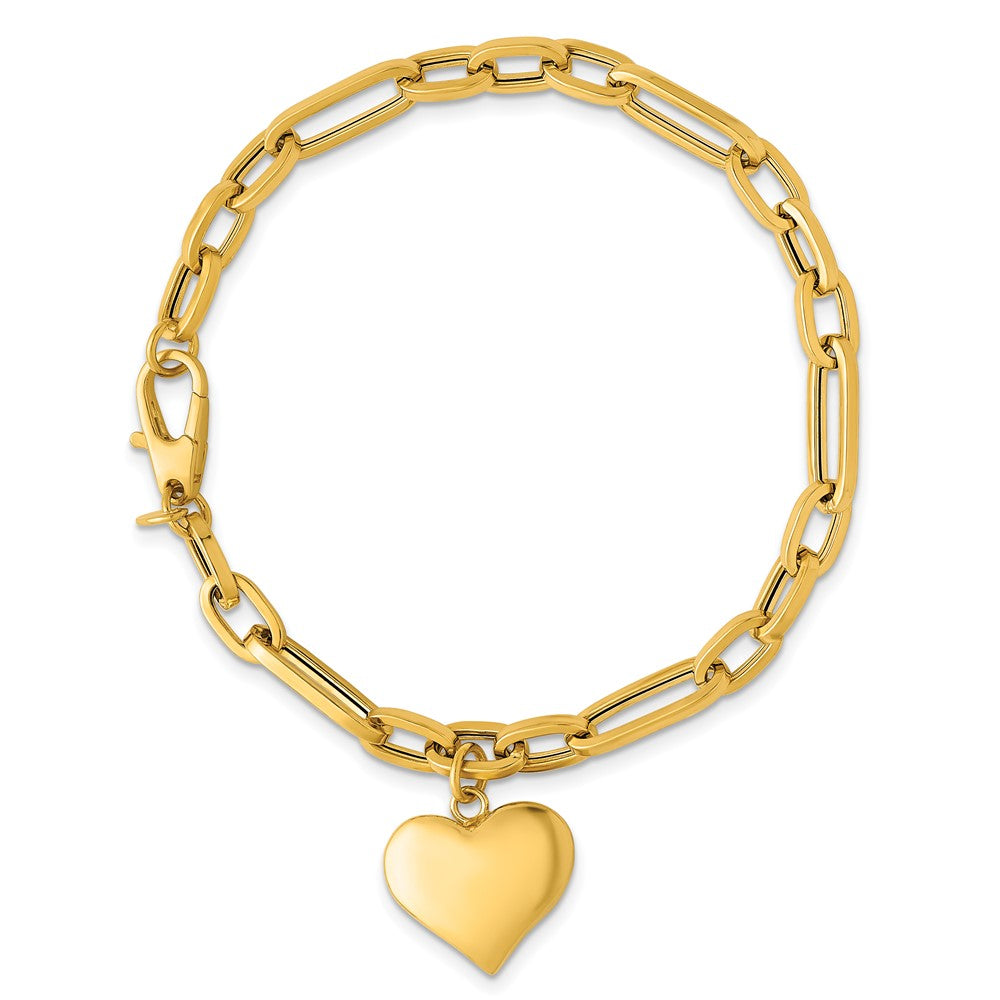 Polished Paperclip Link With Heart Dangle Bracelet 7.5"