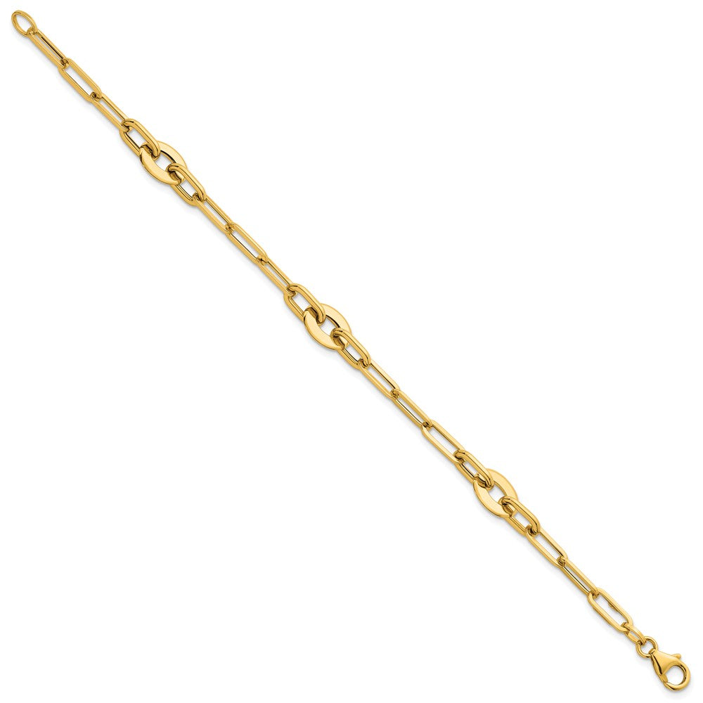 Polished Flat Oval and Paperclip Link Bracelet 7.25"