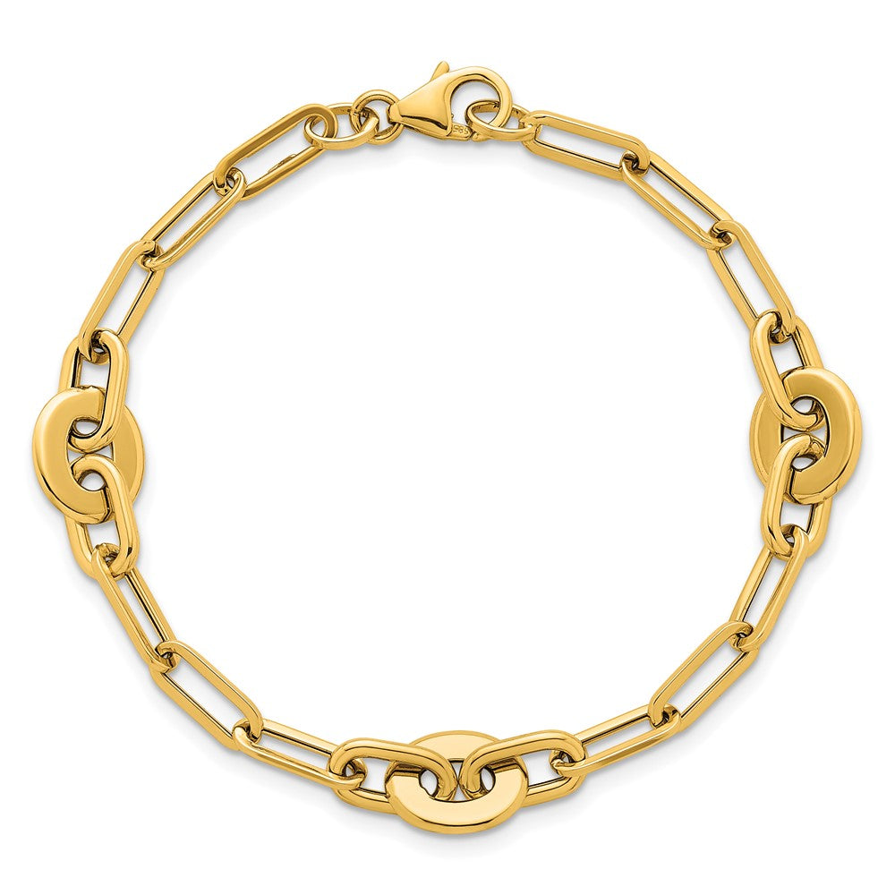 Polished Flat Oval and Paperclip Link Bracelet 7.25"