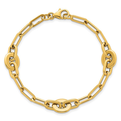Polished Flat Oval and Paperclip Link Bracelet 7.25"