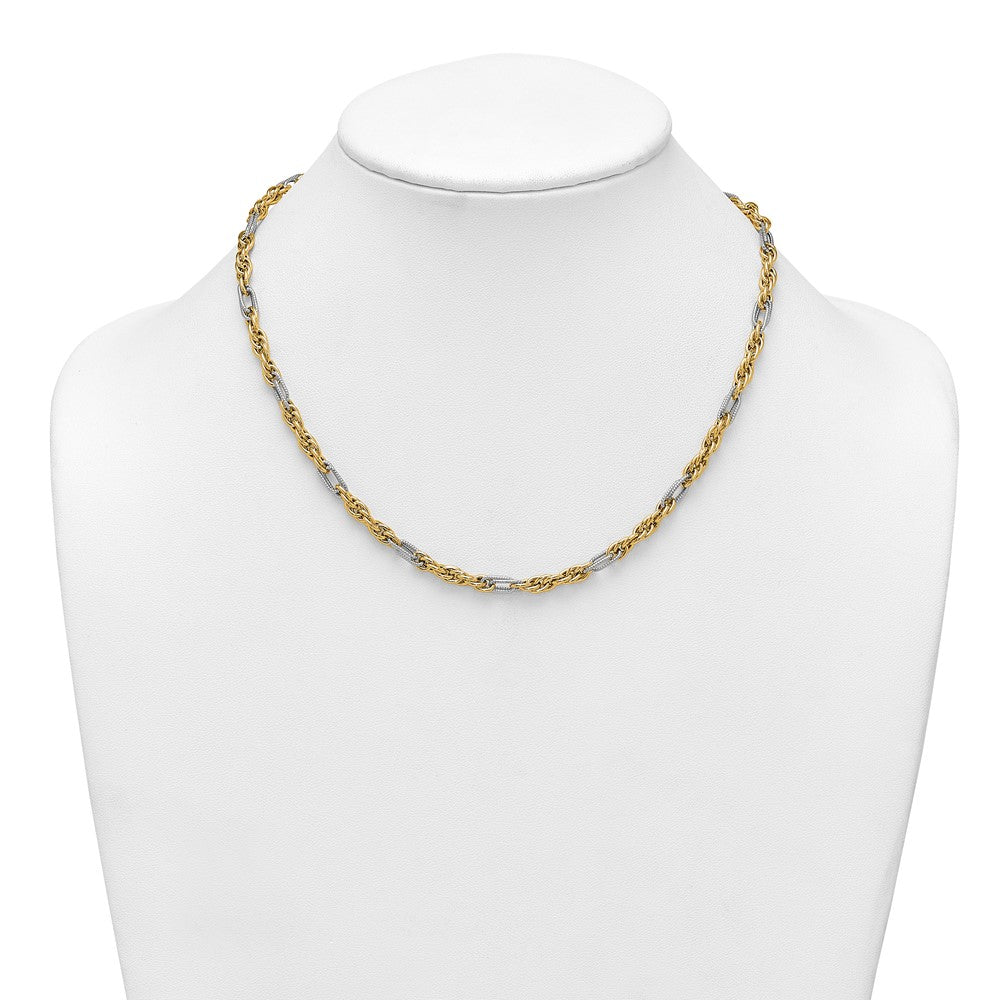 Polished Fancy Link Necklace 18" - Yellow Gold with Rhodium
