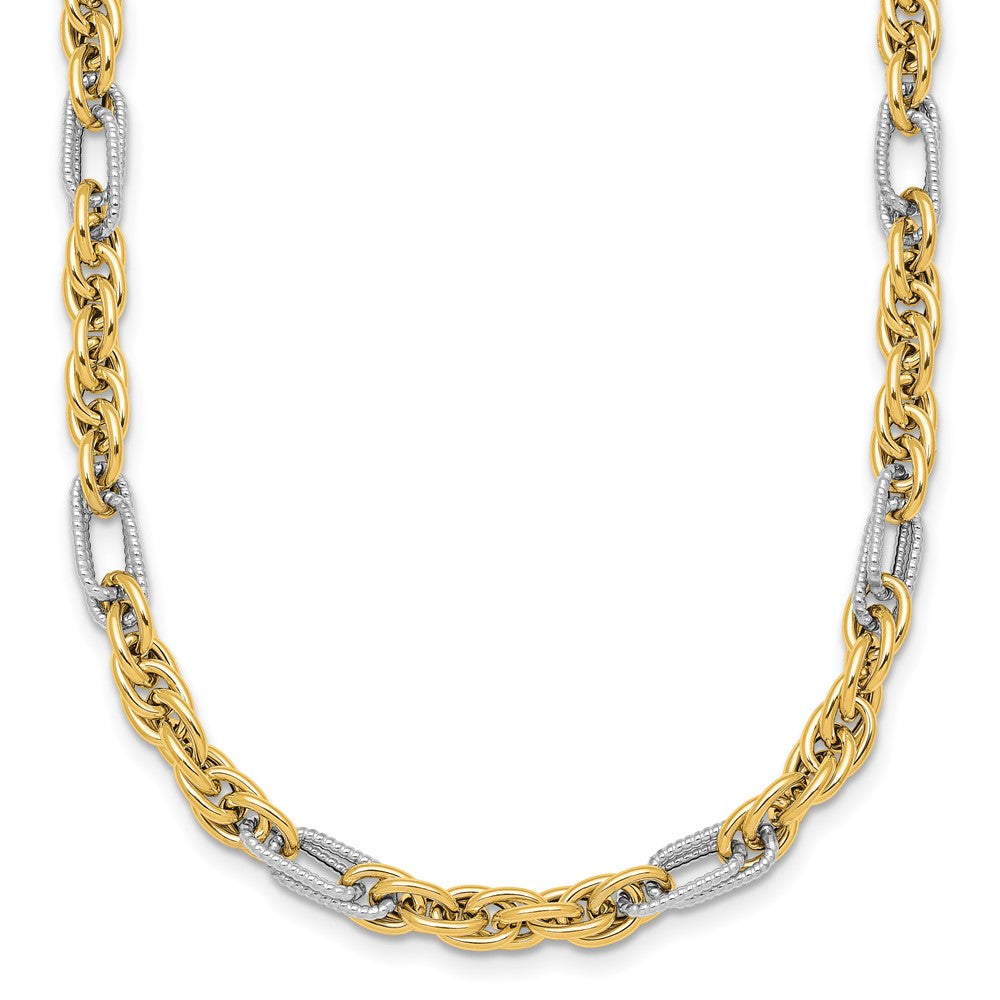 Polished Fancy Link Necklace 18" - Yellow Gold with Rhodium
