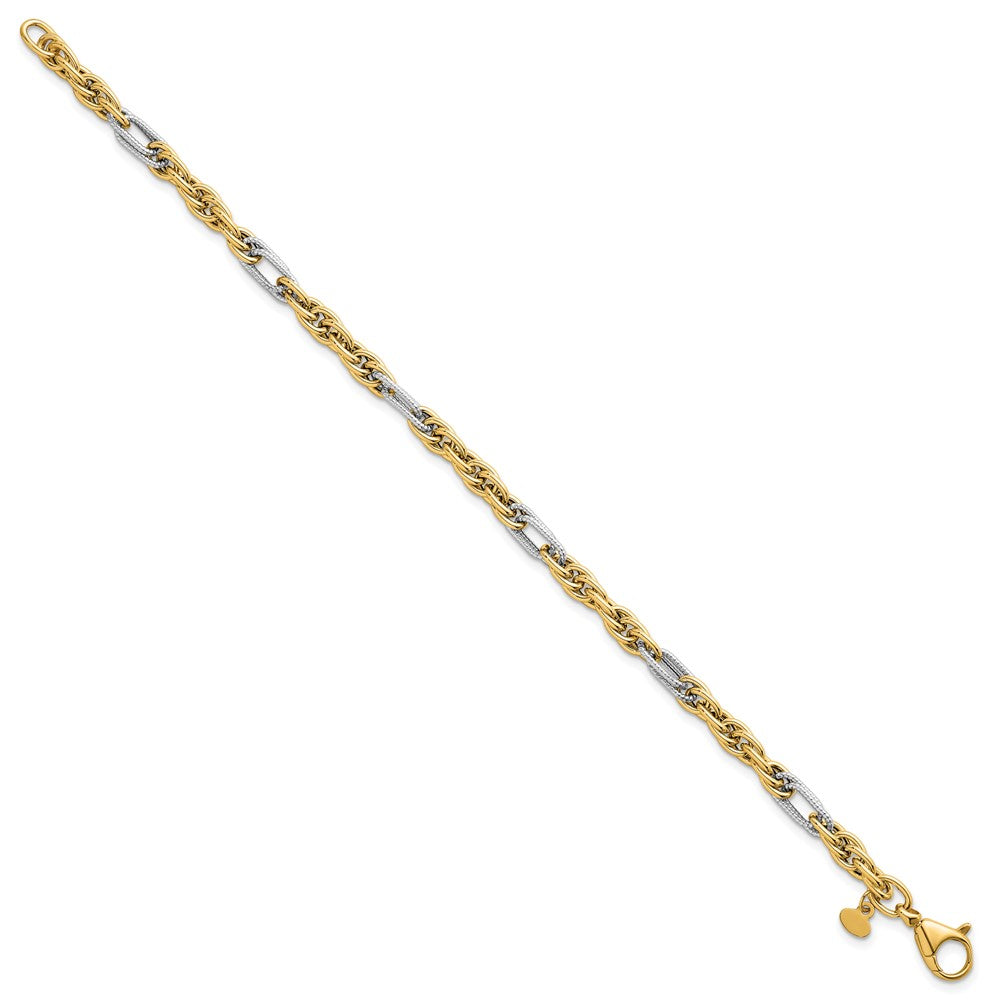 Polished Fancy Chain Bracelet 7.5" - Yellow Gold with Rhodium
