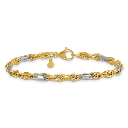 Polished Fancy Chain Bracelet 7.5" - Yellow Gold with Rhodium