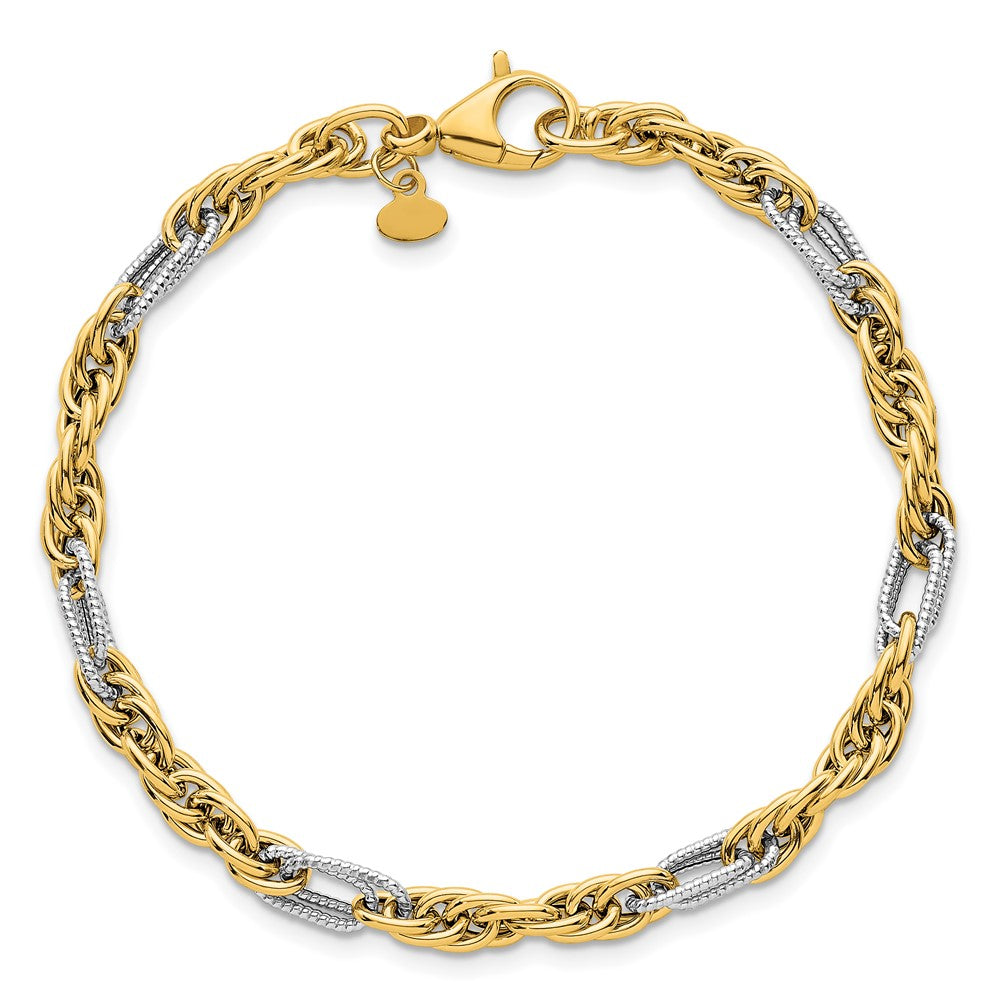 Polished Fancy Chain Bracelet 7.5" - Yellow Gold with Rhodium