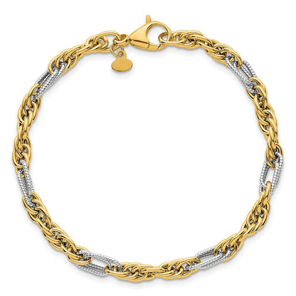 Polished Fancy Chain Bracelet 7.5" - Yellow Gold with Rhodium