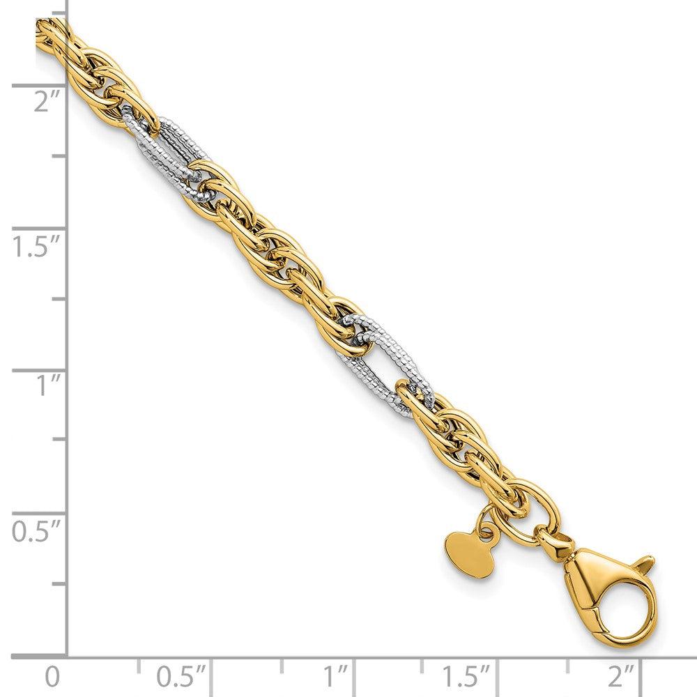 Polished Fancy Chain Bracelet 7.5" - Yellow Gold with Rhodium