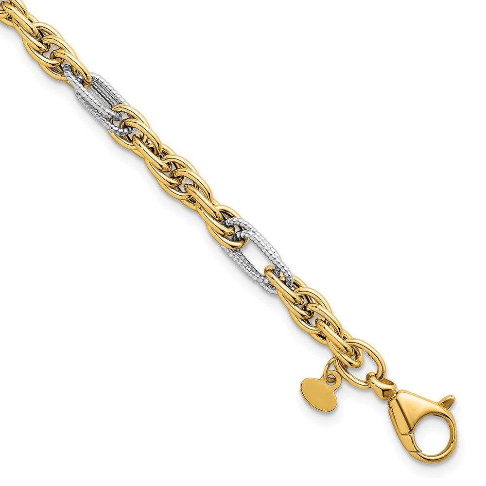 Polished Fancy Chain Bracelet 7.5" - Yellow Gold with Rhodium