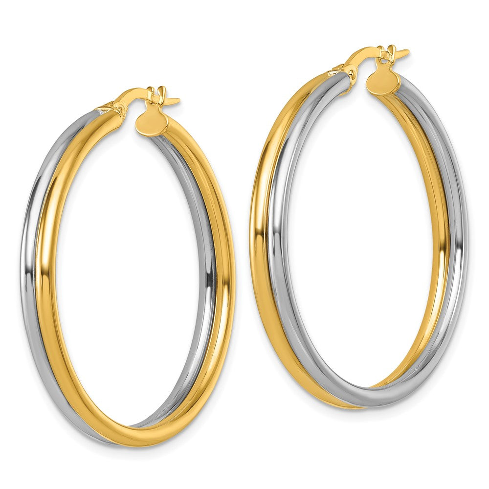 Polished Round Hoop Earrings - Yellow Gold with Rhodium