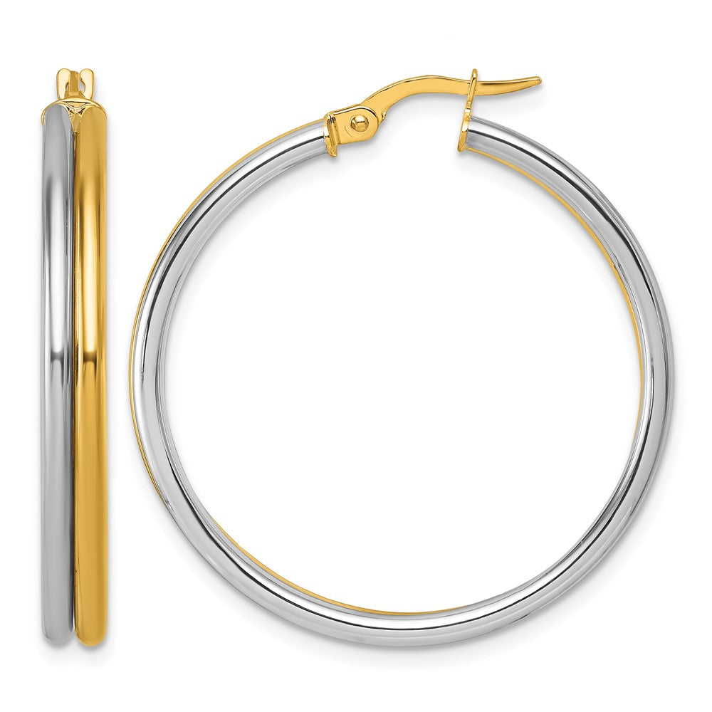 Polished Round Hoop Earrings - Yellow Gold with Rhodium