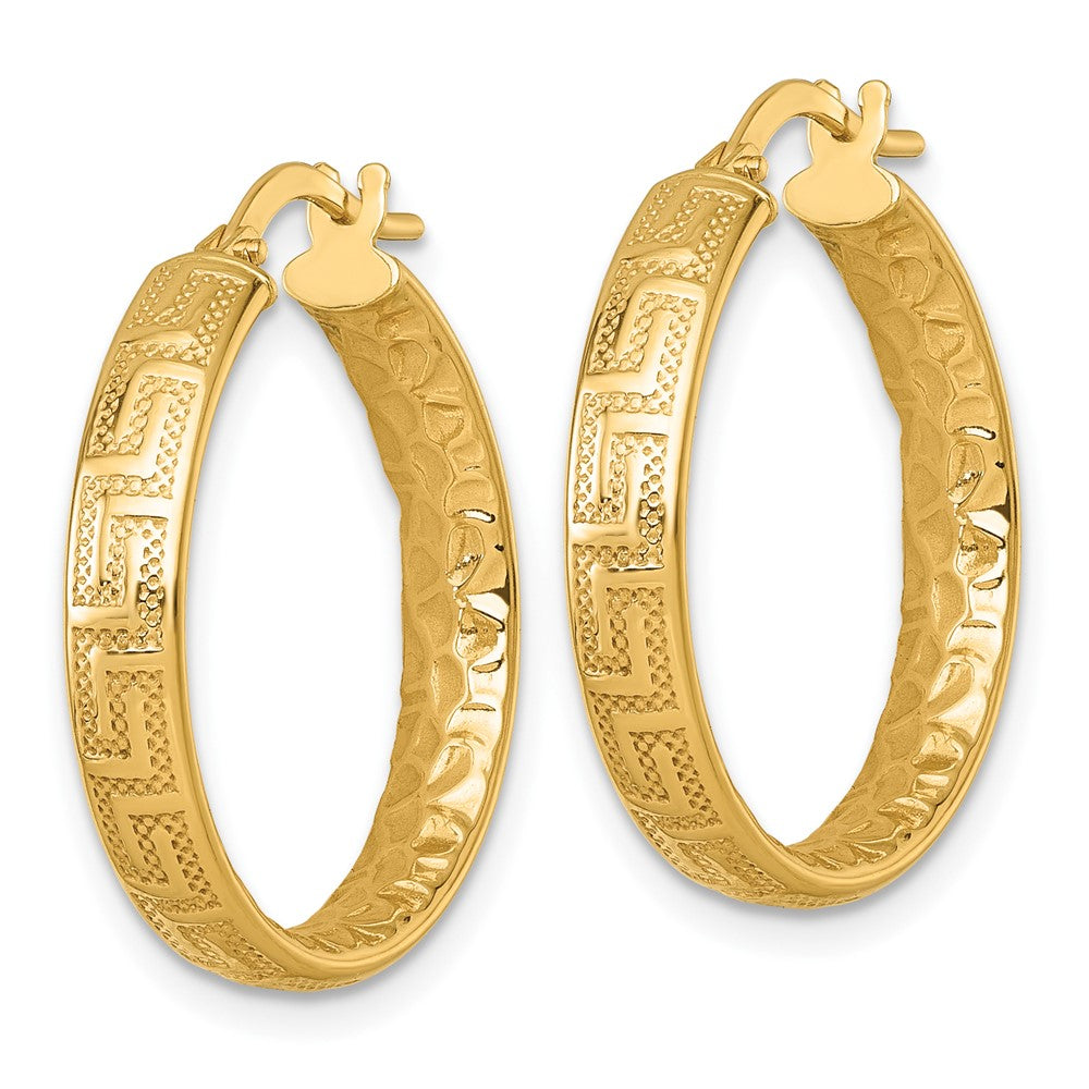 Polished Textured 4mm Greek Key Textured Inside Hinged Hoop Earrings - 2.02g